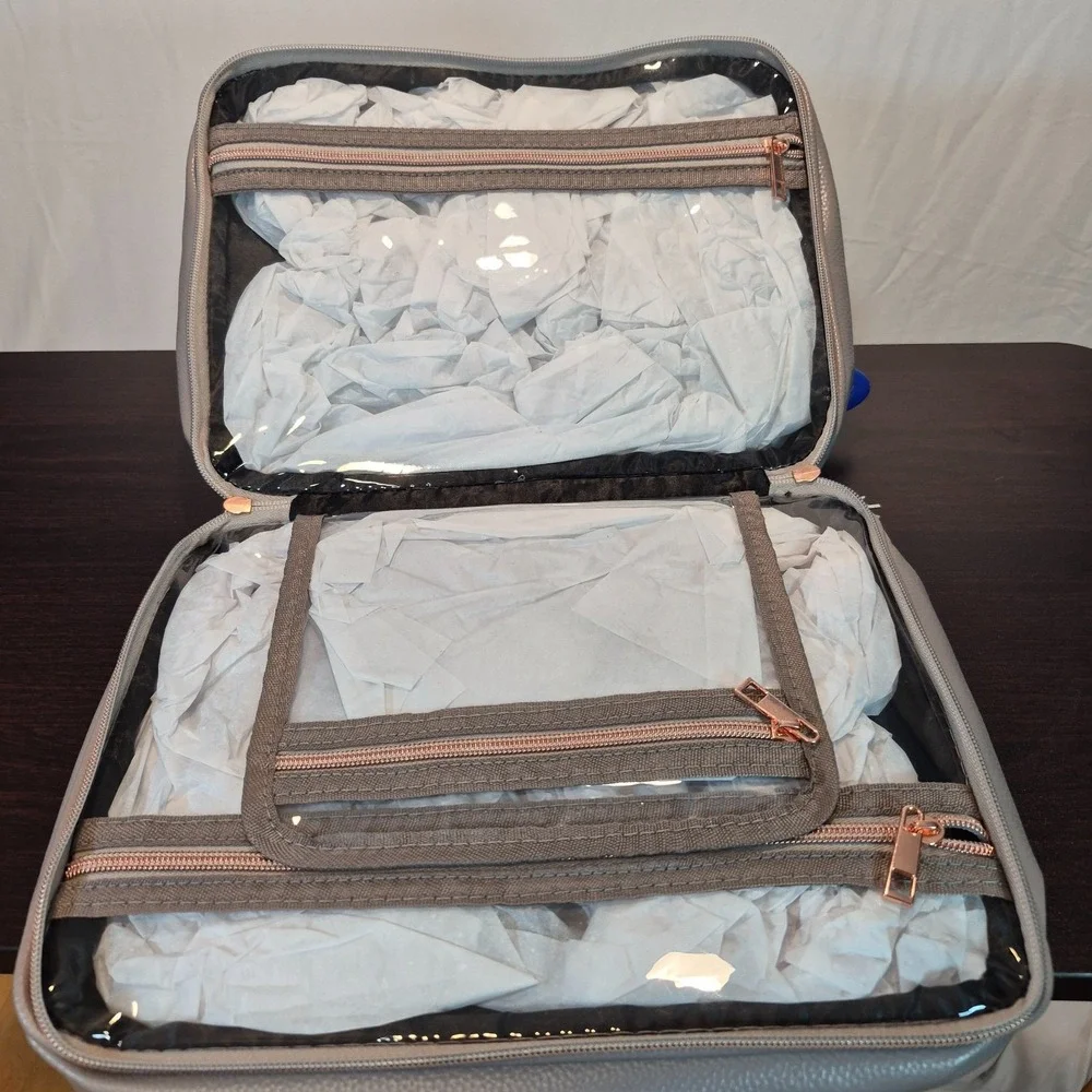 NWOT Ms Lovely Quilted Toiletry Bag Gray PU Leather Modern Sophisticated Classic